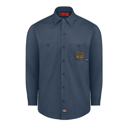 Dark Navy Dickies long-sleeve work shirt, front view, with a small DRC logo on the chest.