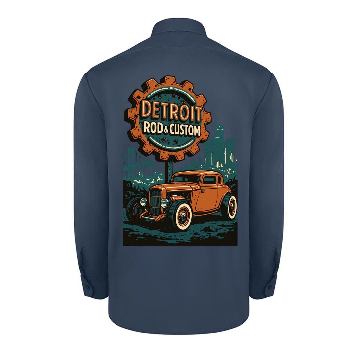 Back of a dark navy Dickies long-sleeve work shirt with an orange Atomic Coupe hot rod under a DETROIT ROD & CUSTOM gear badge.