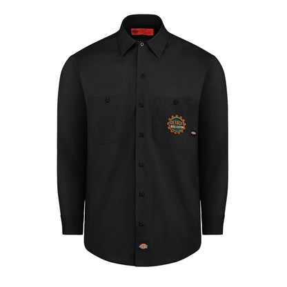 Black Dickies long-sleeve work shirt, front view, with a small DRC logo on the chest.